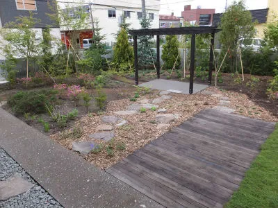 石・レンガ・枕木の庭